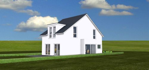 10 12.11.2013 Musterhaus DHH Erker links 3D-Ansicht Eingang