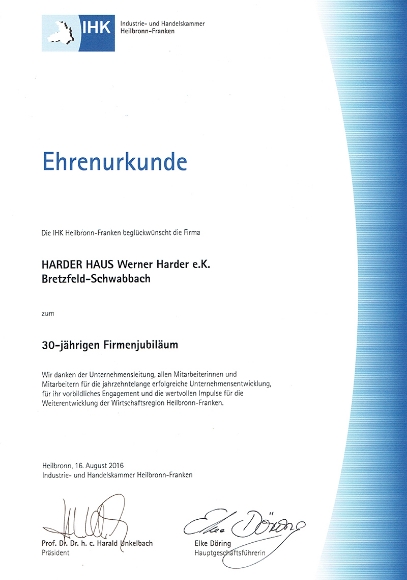 Ehrenurkunde zum 30-jährigen Jubiläum
